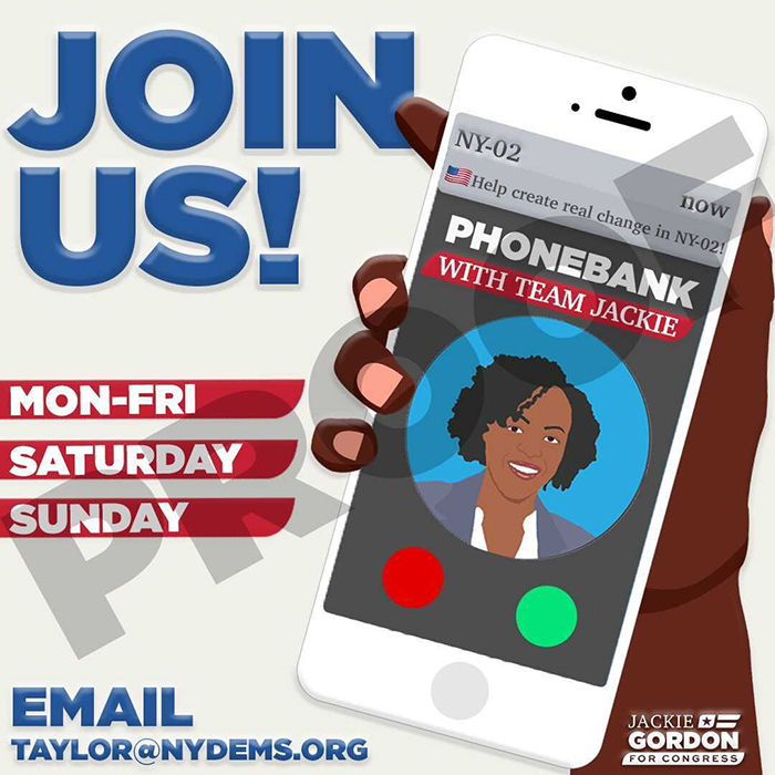 2D illustration graphic by Kirsten DeZeeuw of a hand holding a cell phone receiving a call. Graphic is advertising a phone bank event.
