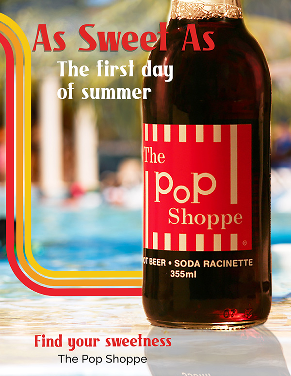 Print ad for The Pop Shoppe soda by Kirsten DeZeeuw. Shows vintage soda bottle near pool with retro graphic elements.