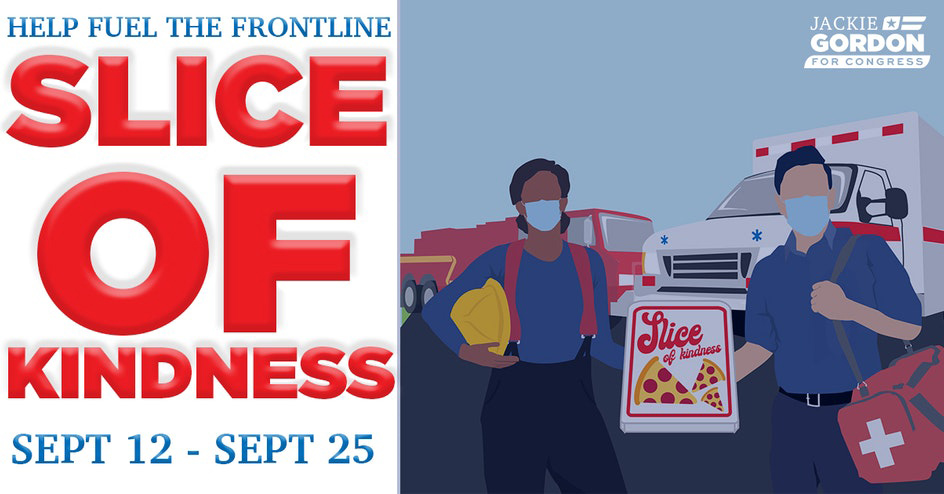 2D illustration graphic by Kirsten DeZeeuw advertising a pizza pie donation event to fuel front-line workers.