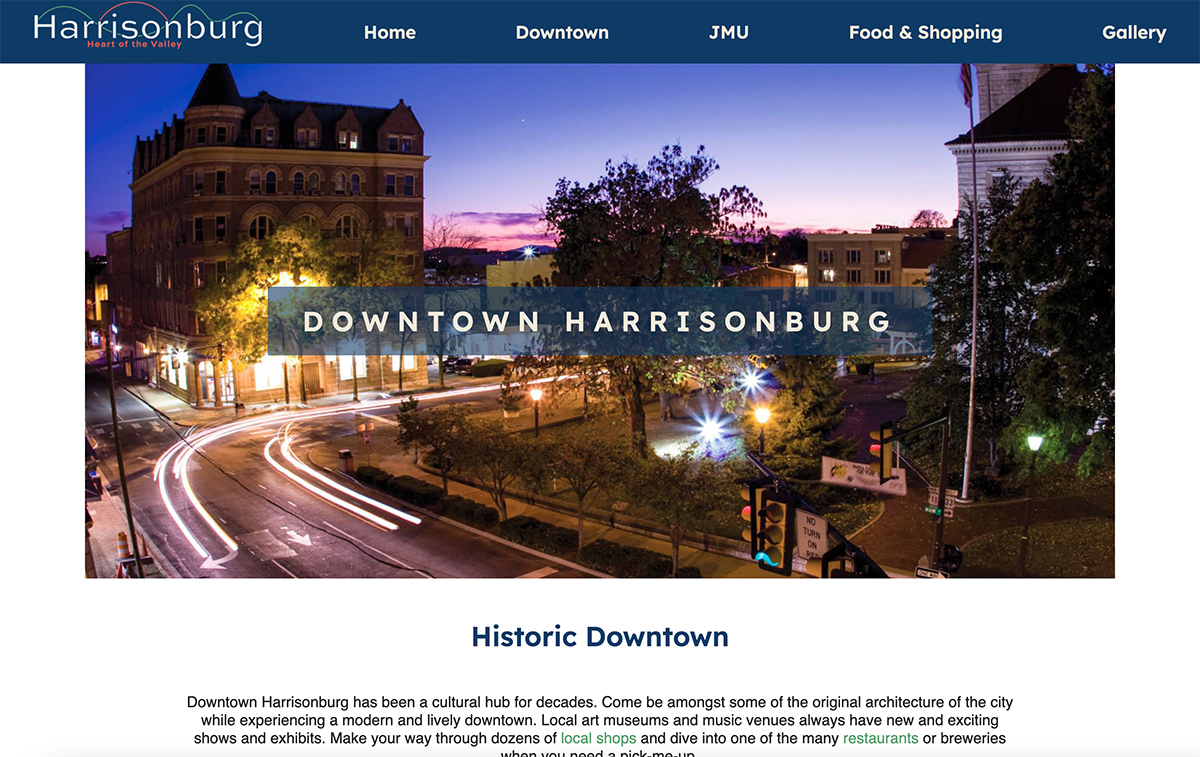 The downtown page of harrisonburgtourism.com.