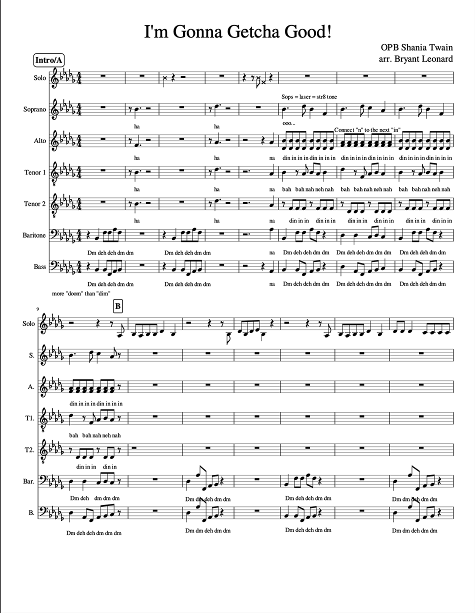 First page of an a cappella arrangement of I'm Gonna Getcha Good by Shania Twain.