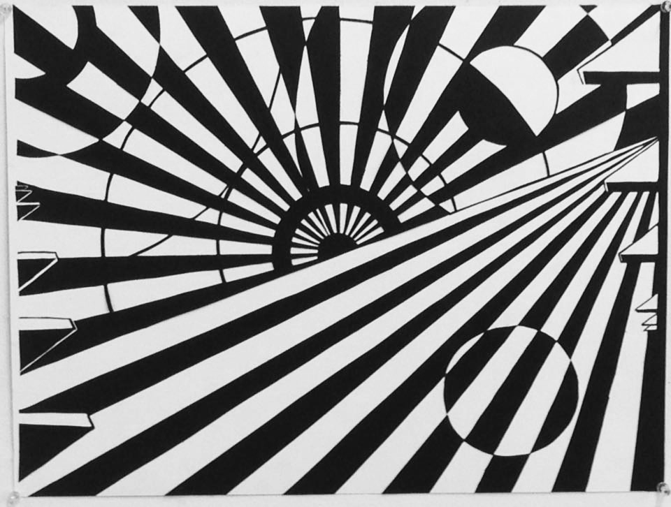 A black and white artwork with many intersecting lines and shapes.
