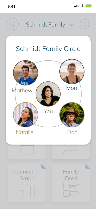 Adobe experience design prototype of an app interface featuring a family circle.