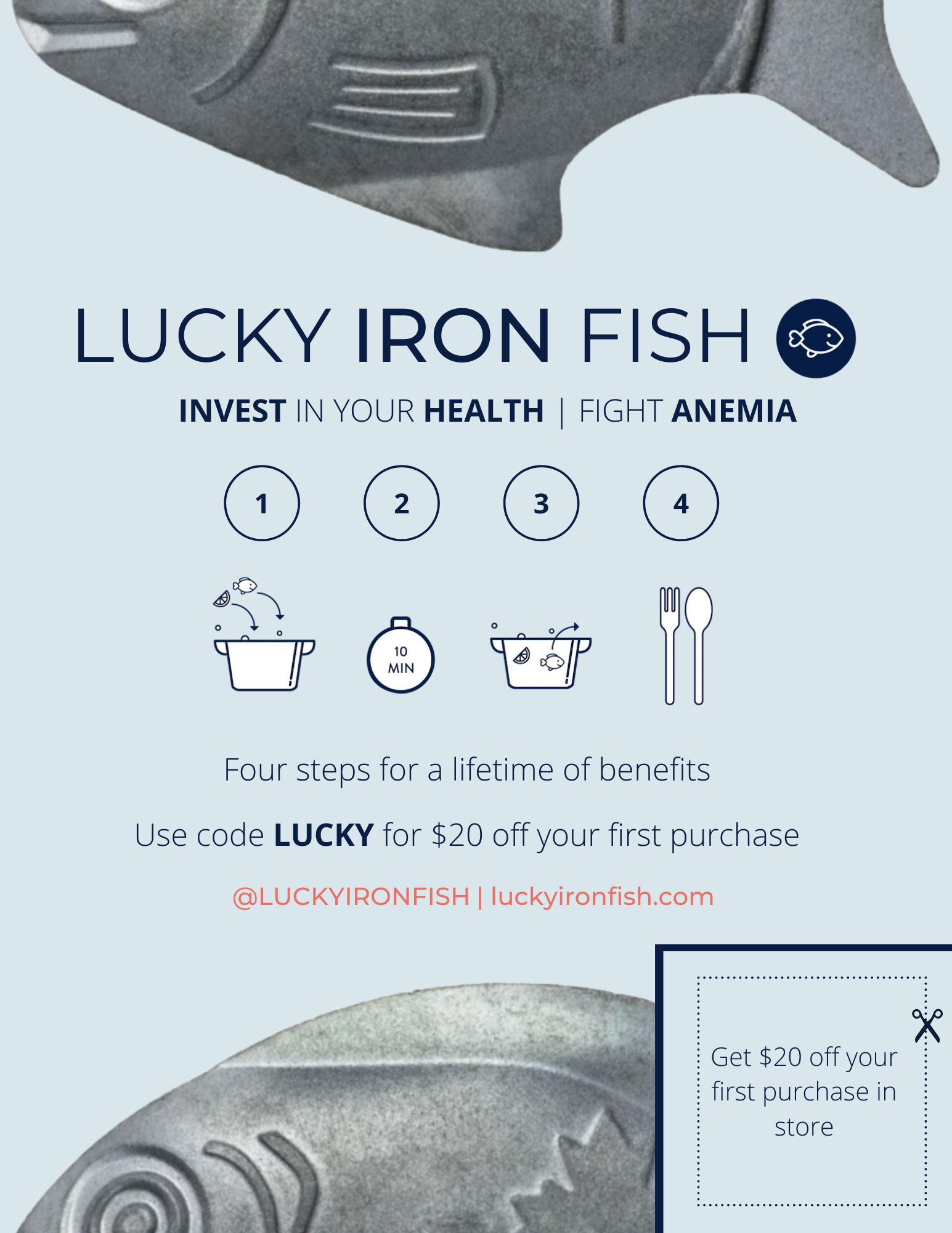 A poster advertising the lukcy iron fish product.